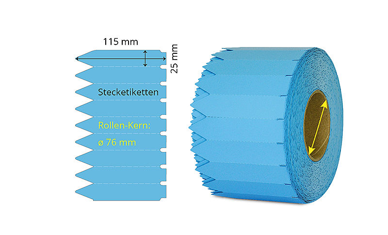Blaue Steckschilder auf Rolle gewickelt