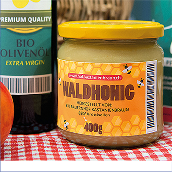 Farbig bedruckte Lebensmittel-Etiketten mit Text, Logo, Barcode